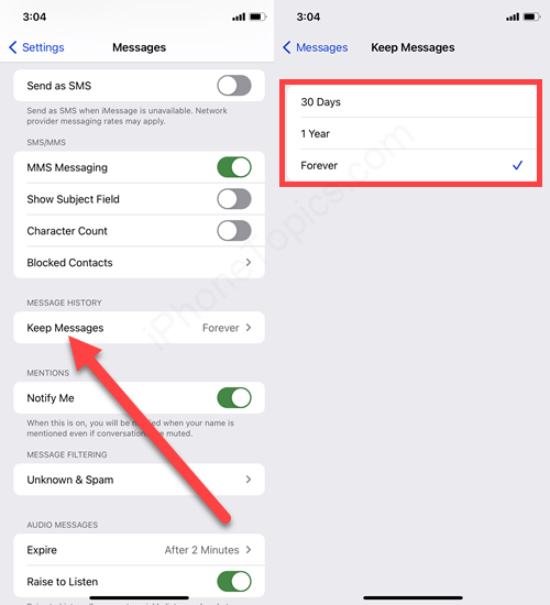 Keep Messages option on iPhone 