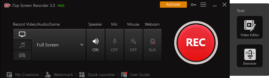 Main interface in iTop Screen Recorder