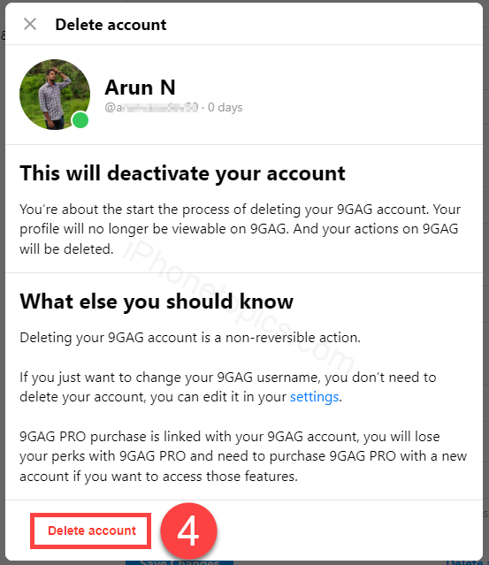 Select Delete Account to remove 9GAG account
