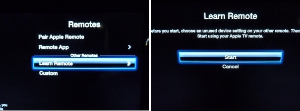 Apple TV learn remote start setting 