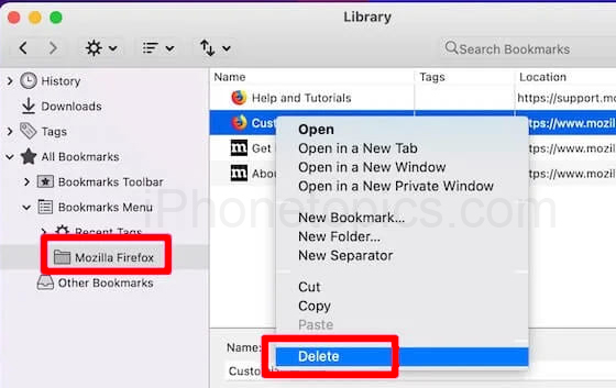 Delete Firefox bookmarks on Mac
